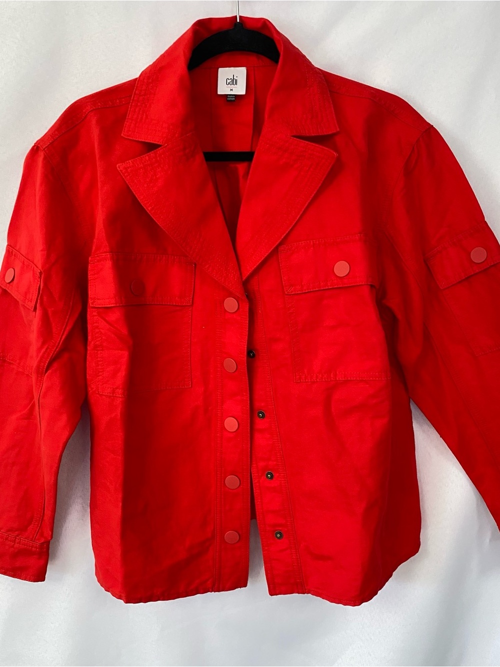 CAbi Bright Red Utility Jacket with Snap Front